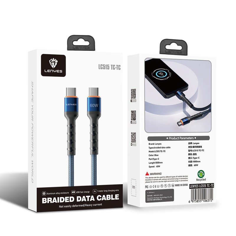 Bal-z Lenyes LC515 Type-C to Type-C Hızlı Şarj Özellikli Örgülü Data ve Şarj Kablosu 60W 1M