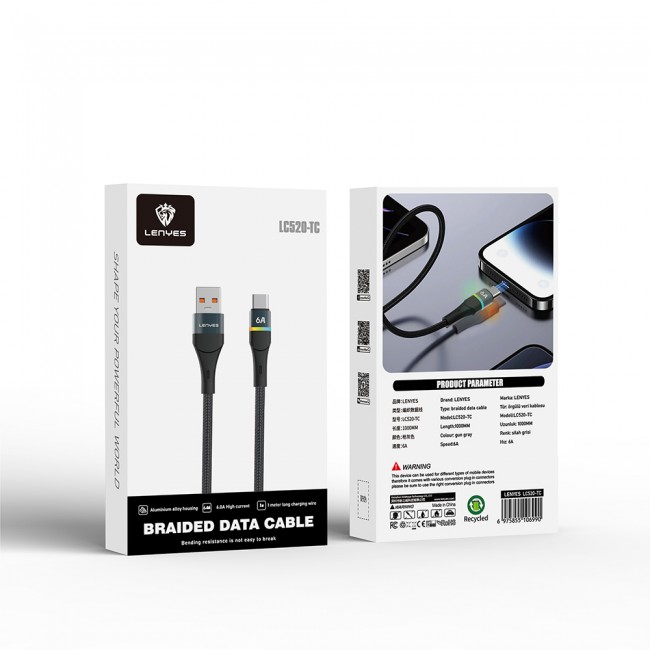 Lenyes LC520 USB-A to Type-C 6A Örgü Tasarımlı Hızlı Şarj Özellikli Data ve Şarj Kablosu 66W 1M Lenyes LC520 USB-A to Type-C 6A Örgü Tasarımlı Hızlı Şarj Özellikli Data ve Şarj Kablosu 66W 1M