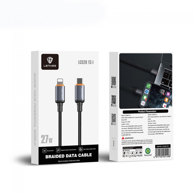 Lenyes LC528 Type-C to Lightning Hızlı Şarj Özellikli Örgülü Data ve Şarj Kablosu 27W 1M Lenyes LC528 Type-C to Lightning Hızlı Şarj Özellikli Örgülü Data ve Şarj Kablosu 27W 1M