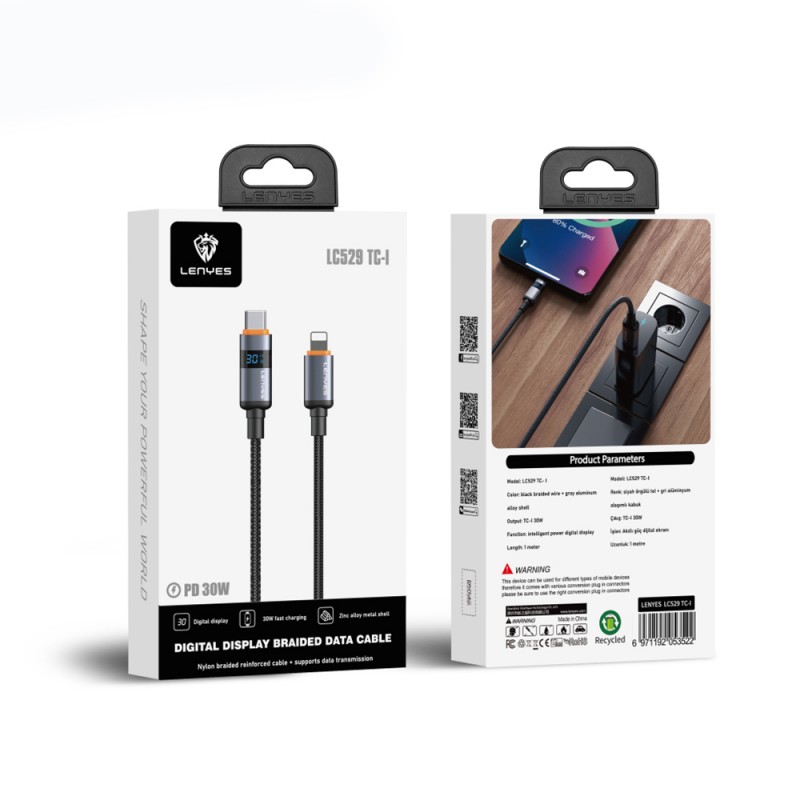 Bal-z Lenyes LC529 Type-C to Lightning LED Dijital Göstergeli Hızlı Şarj Özellikli Data ve Şarj Kablosu 30W 1M