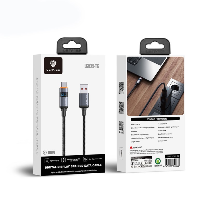 Bal-z Lenyes LC529 USB-A to Type-C LED Dijital Göstergeli Hızlı Şarj Özellikli Data ve Şarj Kablosu 66W 1M