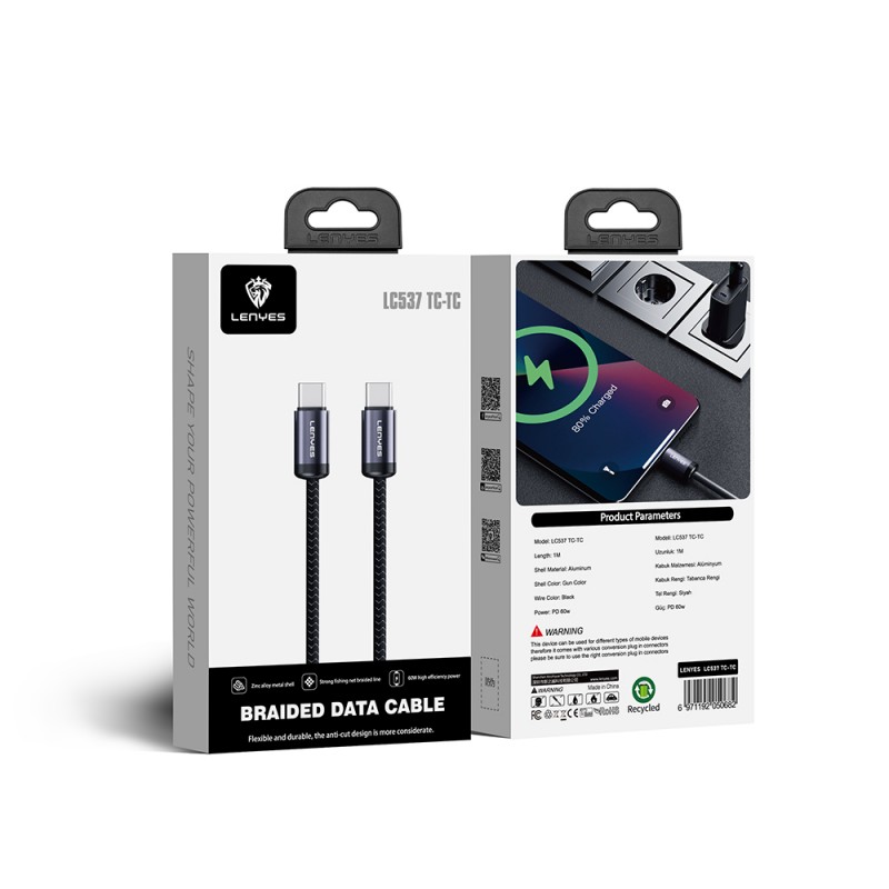 Bal-z Lenyes LC537 Type-C to Type-C Hızlı Şarj Özellikli Örgülü Data ve Şarj Kablosu 60W 1M
