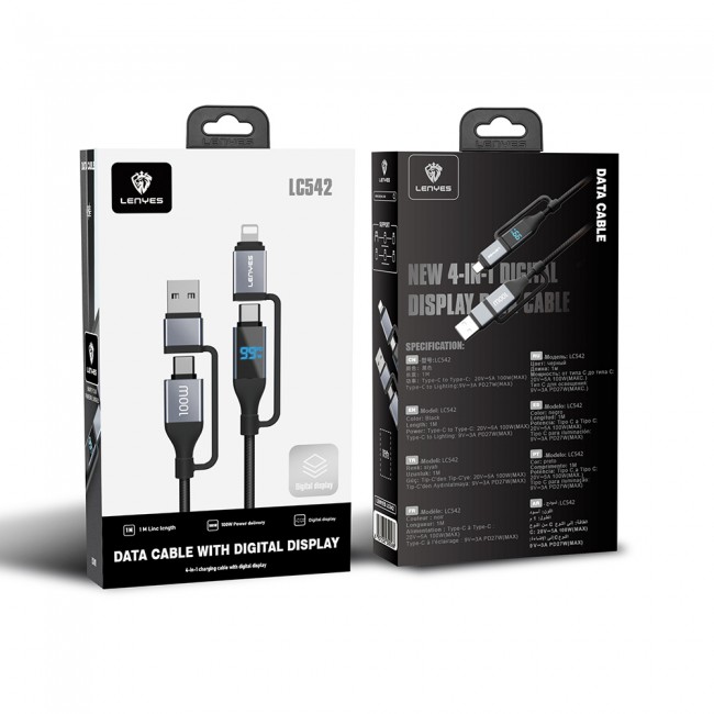 Lenyes LC542 Dijital Göstergeli 4in1 USB-A - Type-C + Type-C to Lightning 100W 1M Lenyes LC542 Dijital Göstergeli 4in1 USB-A - Type-C + Type-C to Lightning 100W 1M