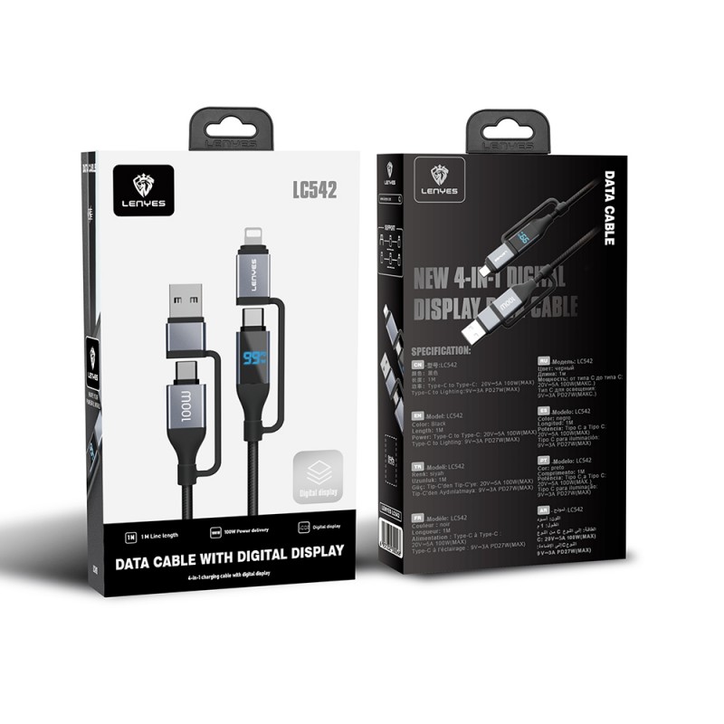 Bal-z Lenyes LC542 Dijital Göstergeli 4in1 USB-A - Type-C + Type-C to Lightning 100W 1M