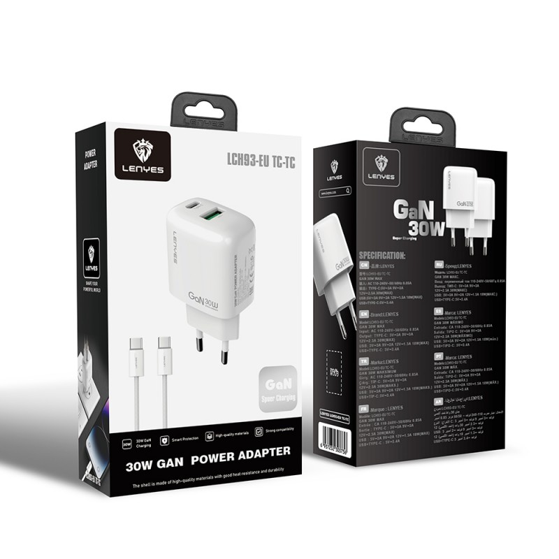 Bal-z Lenyes LCH93-TC-TC Type-C to Type-C GaN Teknolojili PD ve USB Hızlı Şarj Özellikli Şarj Seti 30W