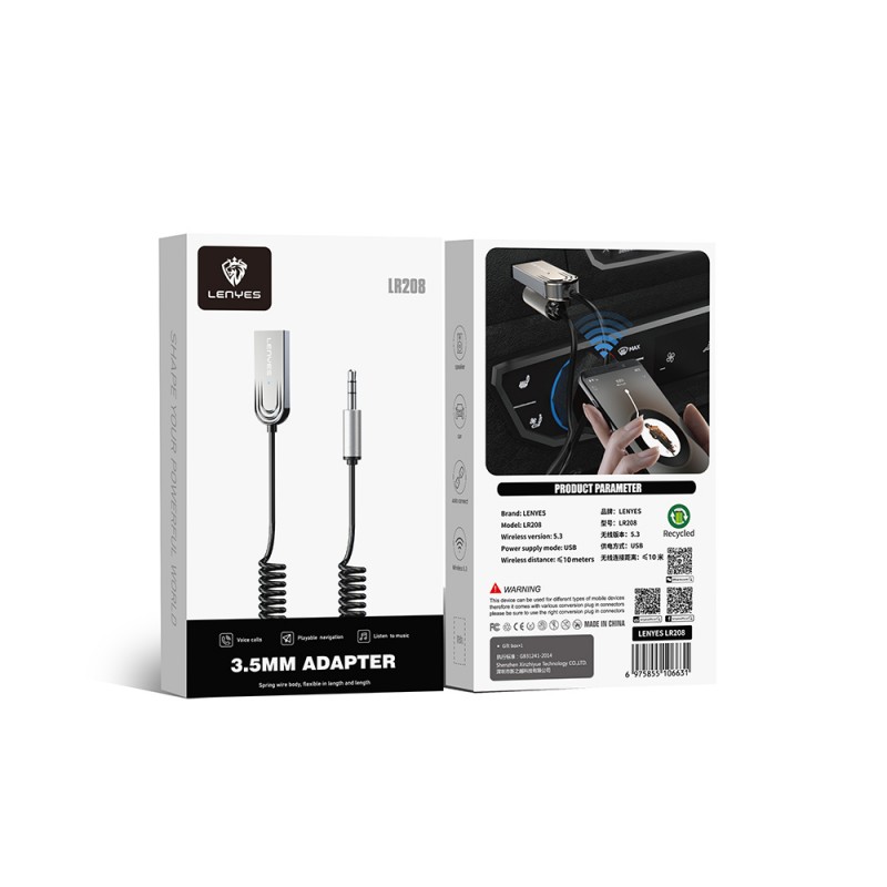 Bal-z Lenyes LR208 Spiral Kablo Tasarımlı Dahili Mikrofonlu Kablosuz Ses Alıcı AUX Bluetooth v5.3 Adaptör