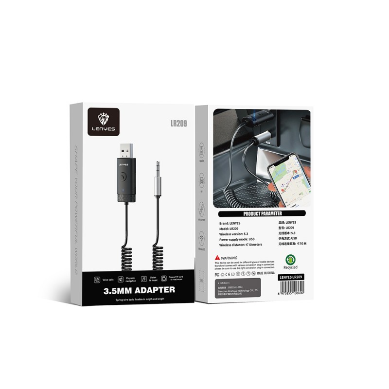 Bal-z Lenyes LR209 Spiral Kablo Tasarımlı Dahili Mikrofonlu Kablosuz Ses Alıcı AUX Bluetooth v5.3 Adaptör