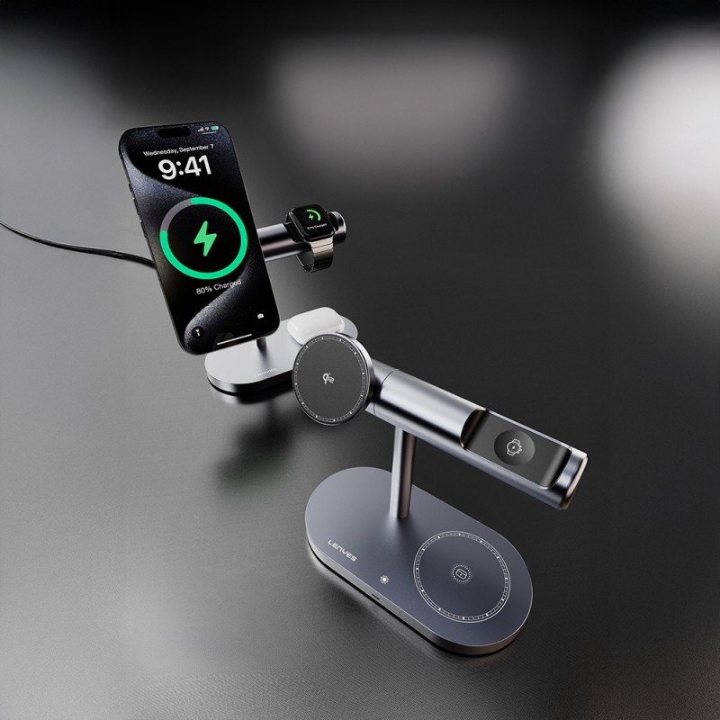 Bal-z Lenyes PW319 Qi2 Şarj Teknolojili Ambiyans Işıklı Telefon&Akıllı Saat&Kulaklık 15W 3in1 Kablosuz Şarj Standı