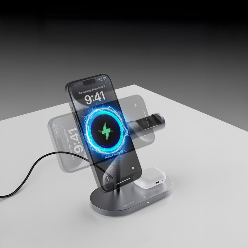 Bal-z Lenyes PW319 Qi2 Şarj Teknolojili Ambiyans Işıklı Telefon&Akıllı Saat&Kulaklık 15W 3in1 Kablosuz Şarj Standı