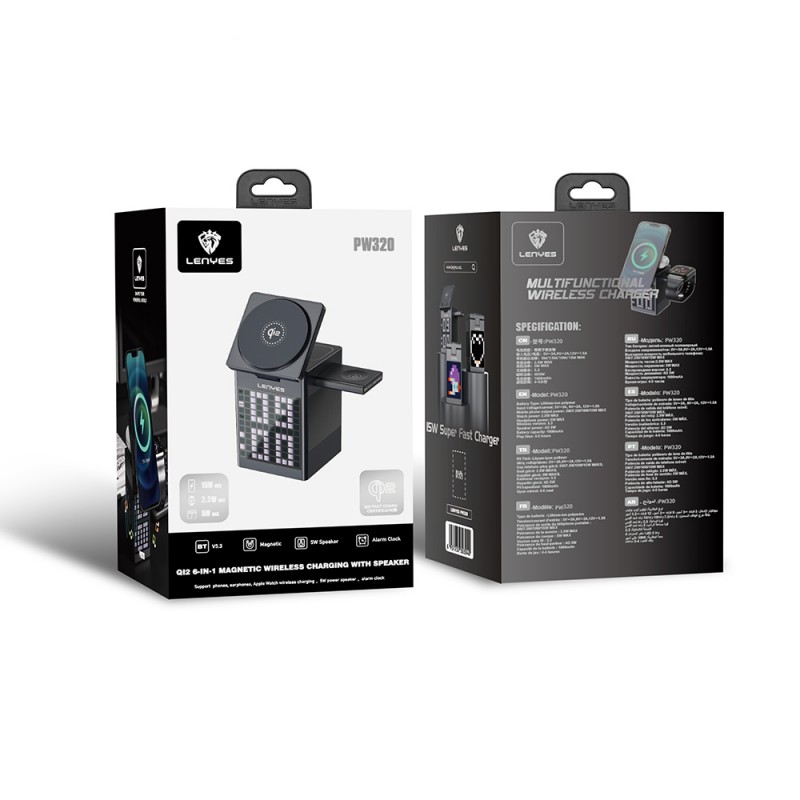 Bal-z Lenyes PW320 Qi2 Şarj Teknolojili Alarmlı Bluetooth Speaker Özellikli Telefon&Akıllı Saat&Kulaklık 15W 6in1 Kablosuz Şarj Standı