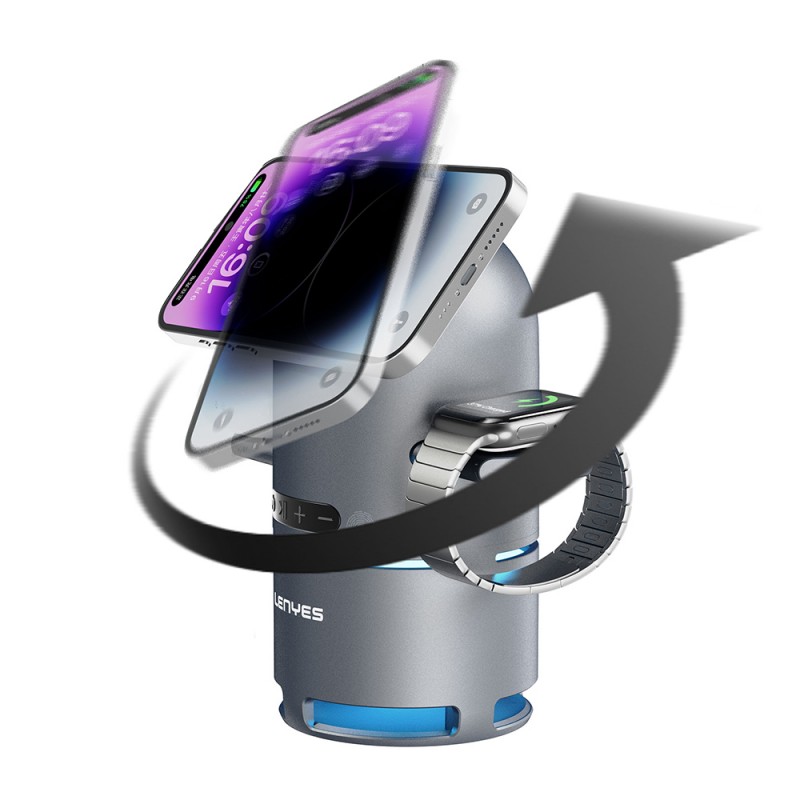 Bal-z Lenyes PW321 Qi2 Şarj Teknolojili Bluetooth Speaker Hoparlör Özellikli Telefon&Akıllı Saat&Kulaklık 15W 4in1 Kablosuz Şarj Standı