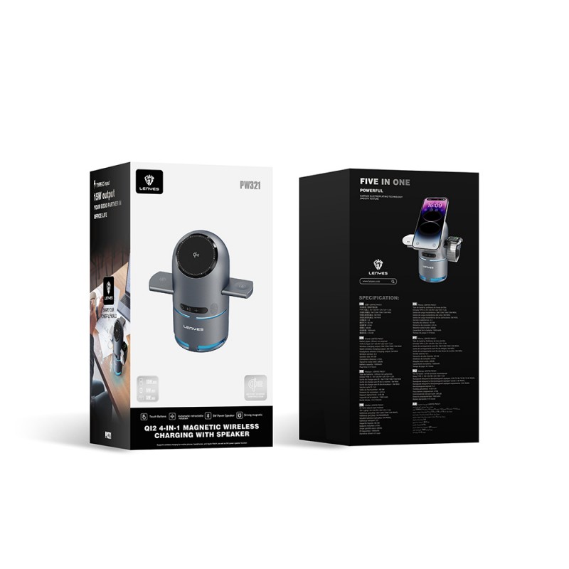 Bal-z Lenyes PW321 Qi2 Şarj Teknolojili Bluetooth Speaker Hoparlör Özellikli Telefon&Akıllı Saat&Kulaklık 15W 4in1 Kablosuz Şarj Standı
