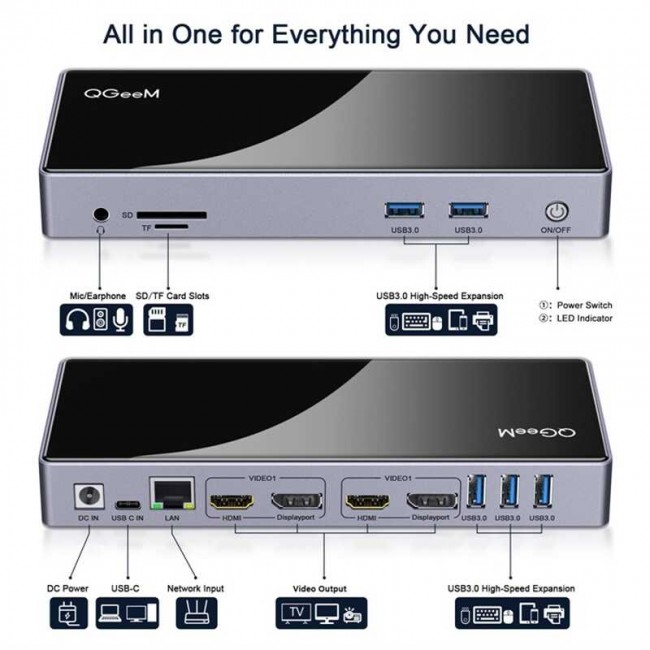 Qgeem QG-D6902 All in One Çoğaltıcı Type-C Hub Docking Station 4K-5K Displayport HDMI Destekli Qgeem QG-D6902 All in One Çoğaltıcı Type-C Hub Docking Station 4K-5K Displayport HDMI Destekli