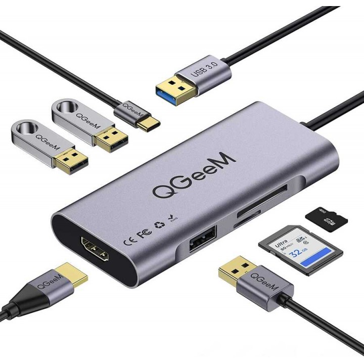 Qgeem QG-UH07-A Type-C Çoğaltıcı ve Dönüştürücü Hub Usb 3.0 HDMI 4K SD Kart 85W 5120Mbps