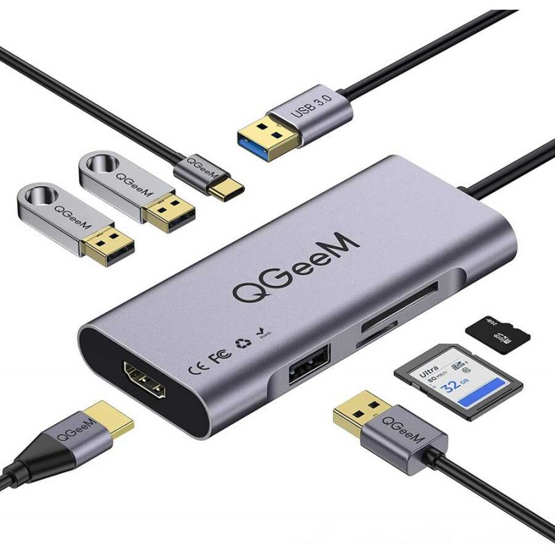 Bal-z Qgeem QG-UH07-A Type-C Çoğaltıcı ve Dönüştürücü Hub Usb 3.0 HDMI 4K SD Kart 85W 5120Mbps