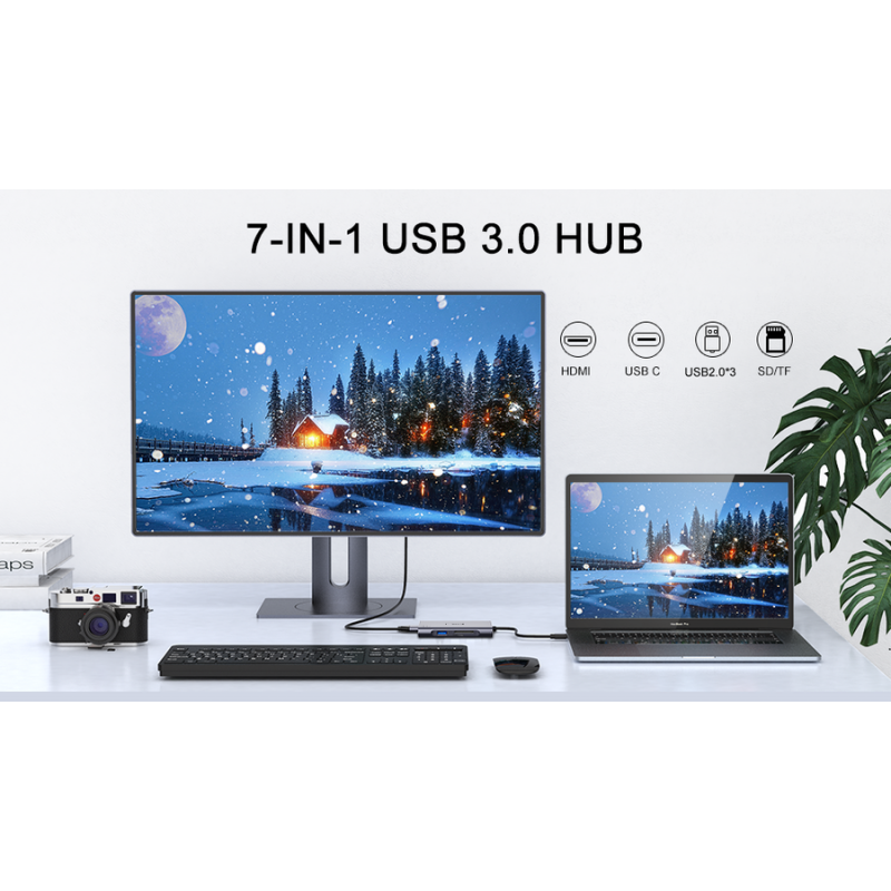 Bal-z Qgeem QG-UH07-A Type-C Çoğaltıcı ve Dönüştürücü Hub Usb 3.0 HDMI 4K SD Kart 85W 5120Mbps