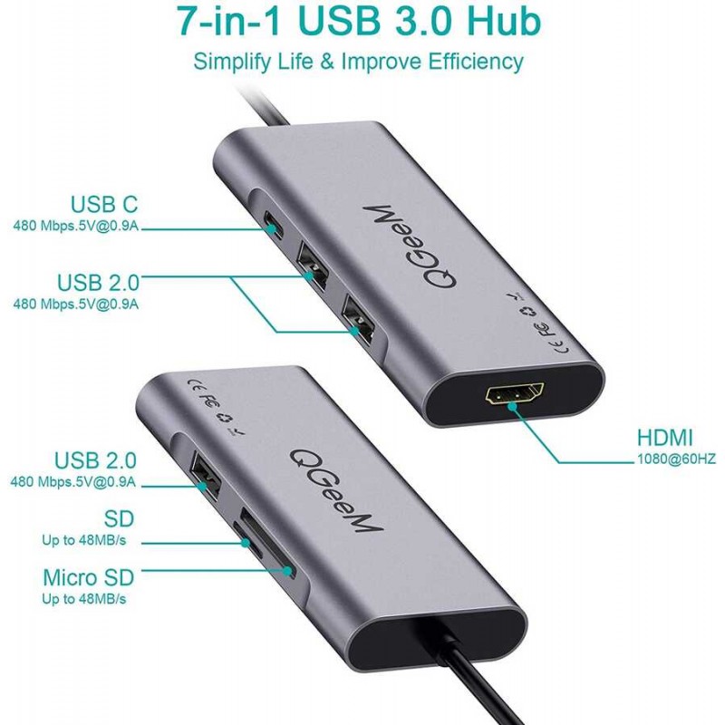 Bal-z Qgeem QG-UH07-A Type-C Çoğaltıcı ve Dönüştürücü Hub Usb 3.0 HDMI 4K SD Kart 85W 5120Mbps