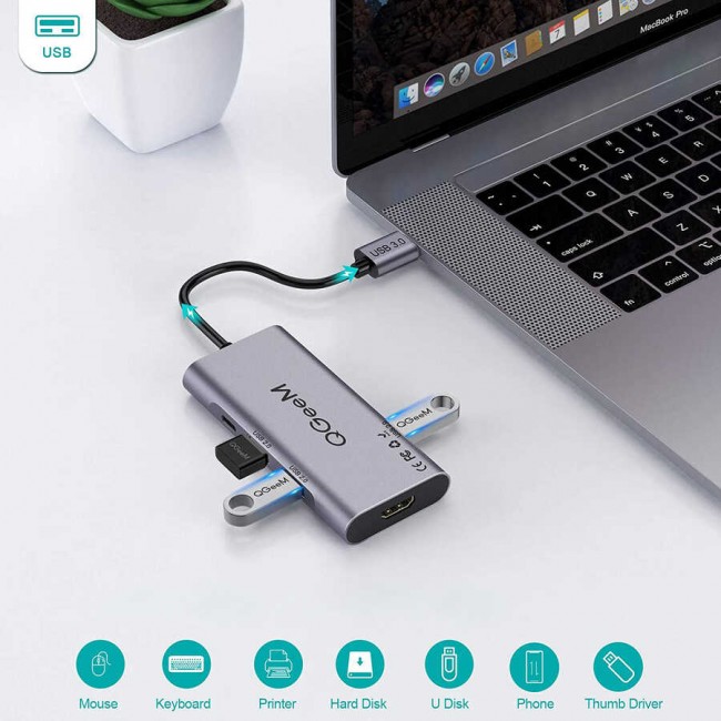 Qgeem QG-UH07-A Type-C Çoğaltıcı ve Dönüştürücü Hub Usb 3.0 HDMI 4K SD Kart 85W 5120Mbps Qgeem QG-UH07-A Type-C Çoğaltıcı ve Dönüştürücü Hub Usb 3.0 HDMI 4K SD Kart 85W 5120Mbps