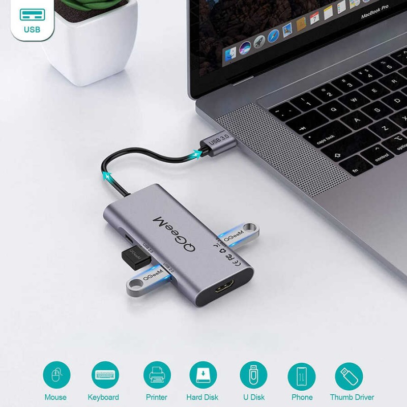 Bal-z Qgeem QG-UH07-A Type-C Çoğaltıcı ve Dönüştürücü Hub Usb 3.0 HDMI 4K SD Kart 85W 5120Mbps