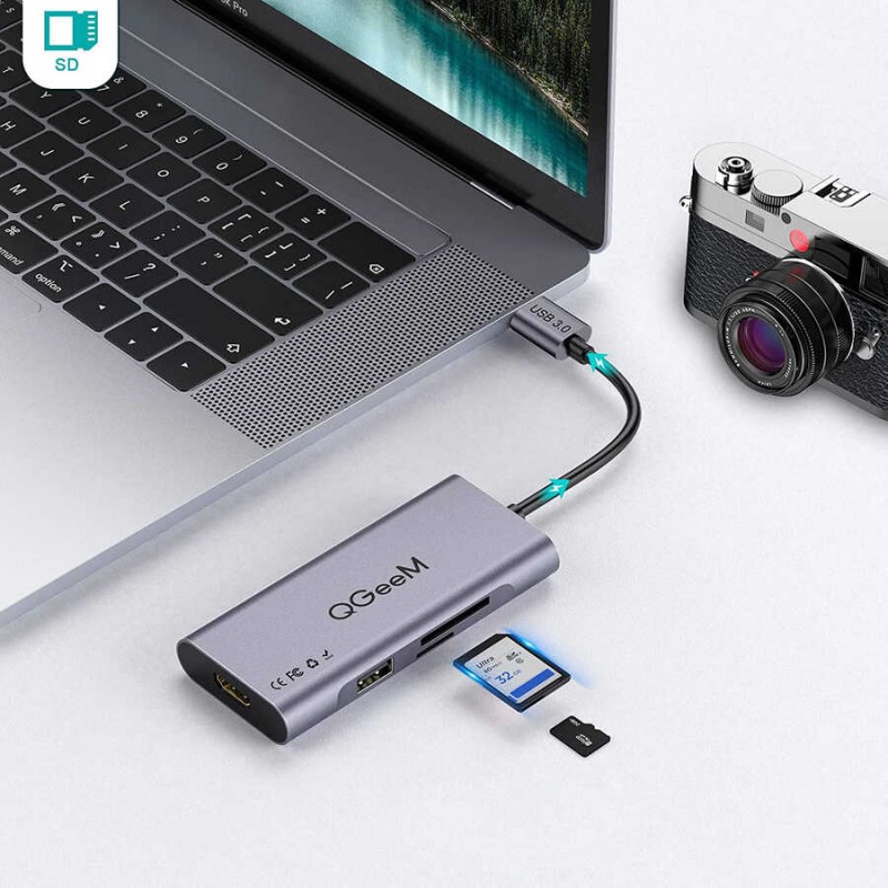 Bal-z Qgeem QG-UH07-A Type-C Çoğaltıcı ve Dönüştürücü Hub Usb 3.0 HDMI 4K SD Kart 85W 5120Mbps