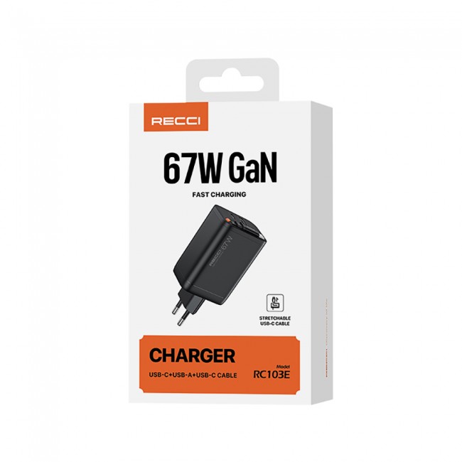 Recci RC103E GaN Teknolojili Hızlı Şarj Başlığı USB-A to Type-C PD 67W Type-C Kablolu Şarj Seti Recci RC103E GaN Teknolojili Hızlı Şarj Başlığı USB-A to Type-C PD 67W Type-C Kablolu Şarj Seti