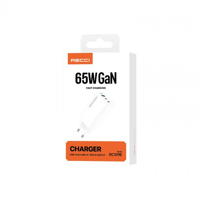 Recci RC109E Type-C PD & USB-A GaN Teknolojili Hızlı Şarj Başlığı 65W Recci RC109E Type-C PD & USB-A GaN Teknolojili Hızlı Şarj Başlığı 65W