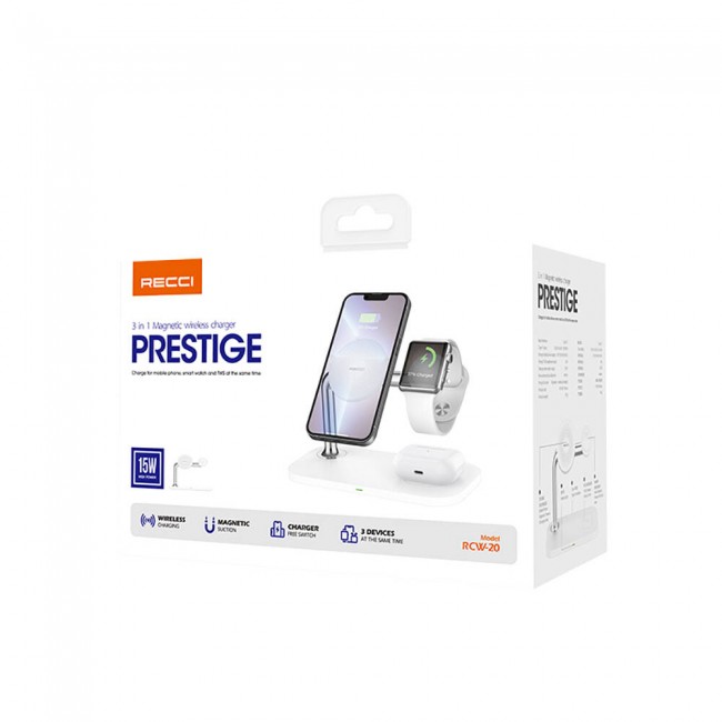 Recci RCW-20 Prestige Serisi 3in1 Magsafe 15W Hızlı Şarj Özellikli Magnetik Kablosuz Şarj Standı Recci RCW-20 Prestige Serisi 3in1 Magsafe 15W Hızlı Şarj Özellikli Magnetik Kablosuz Şarj Standı