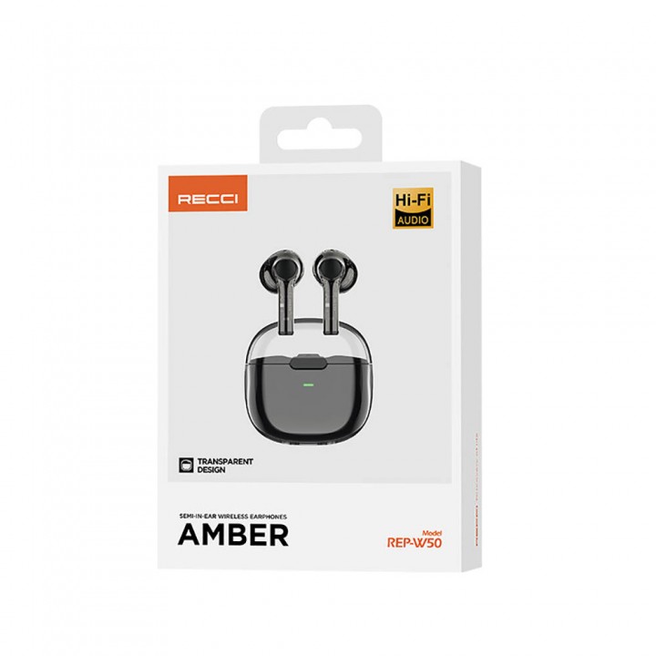 Recci REP-W50 Şeffaf Tasarım Hi-Fi Ses Kaliteli Bluetooth v5.3 Amber Serisi Kulak İçi Kulaklık