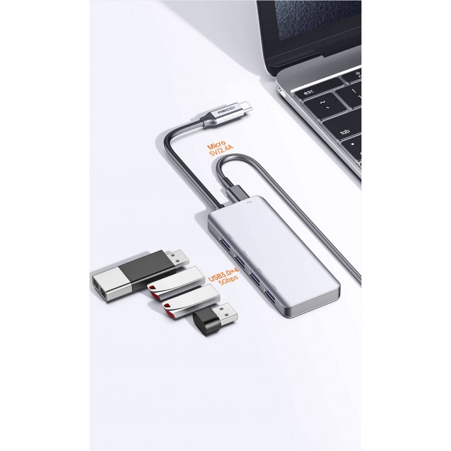 Recci RH06 Type-C to 4 USB3.0 + Micro Bağlantı Özellikli 5in1 USB Çoğaltıcı Hub Recci RH06 Type-C to 4 USB3.0 + Micro Bağlantı Özellikli 5in1 USB Çoğaltıcı Hub