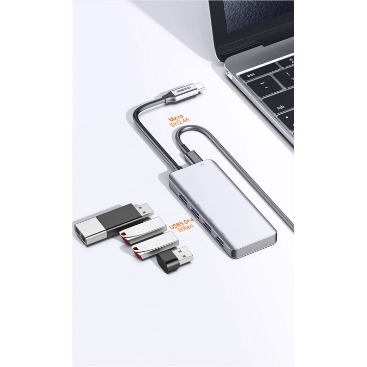 Recci RH06 Type-C to 4 USB3.0 + Micro Bağlantı Özellikli 5in1 USB Çoğaltıcı Hub