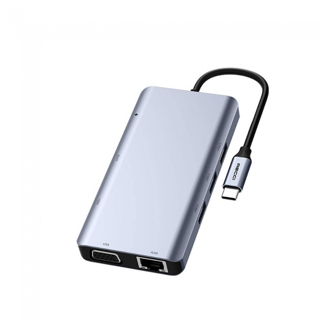 Recci RH09 Type-C to Type-C + SD/TF + USB3.0 + USB2.0 + HDMI + VGA + RJ45 Bağlantılı 9in1 Hub Recci RH09 Type-C to Type-C + SD/TF + USB3.0 + USB2.0 + HDMI + VGA + RJ45 Bağlantılı 9in1 Hub