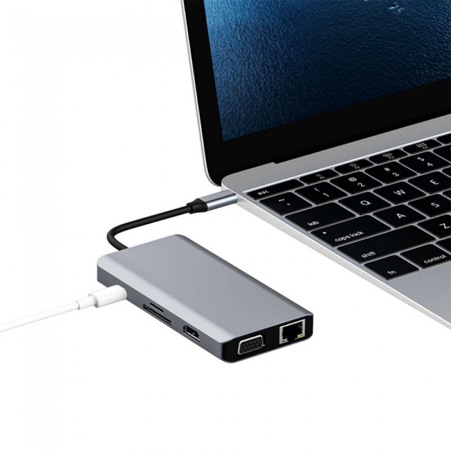 Recci RH09 Type-C to Type-C + SD/TF + USB3.0 + USB2.0 + HDMI + VGA + RJ45 Bağlantılı 9in1 Hub Recci RH09 Type-C to Type-C + SD/TF + USB3.0 + USB2.0 + HDMI + VGA + RJ45 Bağlantılı 9in1 Hub