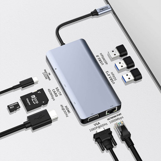 Recci RH09 Type-C to Type-C + SD/TF + USB3.0 + USB2.0 + HDMI + VGA + RJ45 Bağlantılı 9in1 Hub Recci RH09 Type-C to Type-C + SD/TF + USB3.0 + USB2.0 + HDMI + VGA + RJ45 Bağlantılı 9in1 Hub