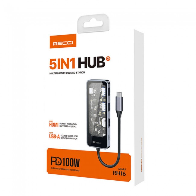 Recci RH16 Type-C to Type-C PD100W + USB3.0 + HDMI + Type-C Bağlantılı 5in1 Hub Recci RH16 Type-C to Type-C PD100W + USB3.0 + HDMI + Type-C Bağlantılı 5in1 Hub