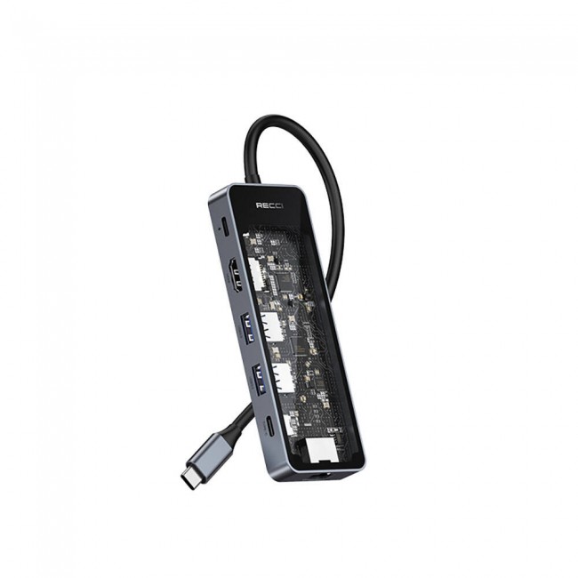 Recci RH17 Type-C to Type-C PD100W + USB3.0 + HDMI + Type-C + RJ45 Bağlantılı 6in1 Hub Recci RH17 Type-C to Type-C PD100W + USB3.0 + HDMI + Type-C + RJ45 Bağlantılı 6in1 Hub