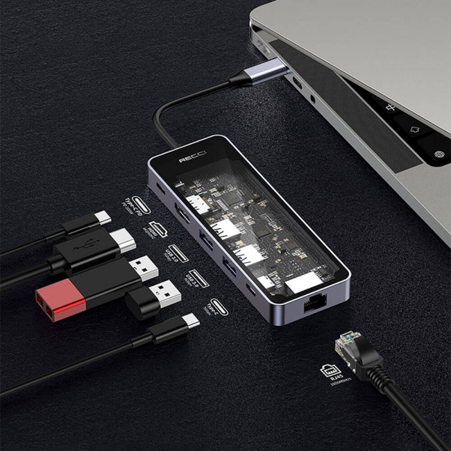 Recci RH17 Type-C to Type-C PD100W + USB3.0 + HDMI + Type-C + RJ45 Bağlantılı 6in1 Hub Recci RH17 Type-C to Type-C PD100W + USB3.0 + HDMI + Type-C + RJ45 Bağlantılı 6in1 Hub