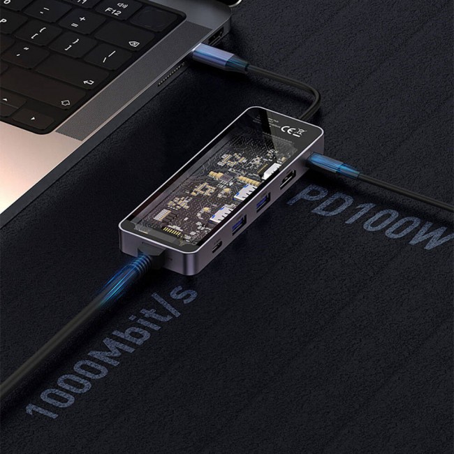 Recci RH17 Type-C to Type-C PD100W + USB3.0 + HDMI + Type-C + RJ45 Bağlantılı 6in1 Hub Recci RH17 Type-C to Type-C PD100W + USB3.0 + HDMI + Type-C + RJ45 Bağlantılı 6in1 Hub