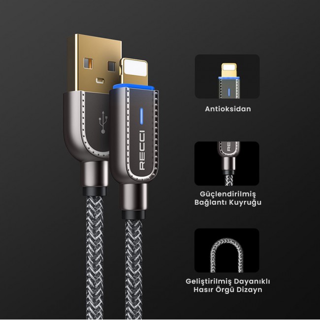 Recci RS02L Smart Power-Off Serisi Hızlı Şarj Özellikli Lightning To USB-A Kablo 1M Recci RS02L Smart Power-Off Serisi Hızlı Şarj Özellikli Lightning To USB-A Kablo 1M