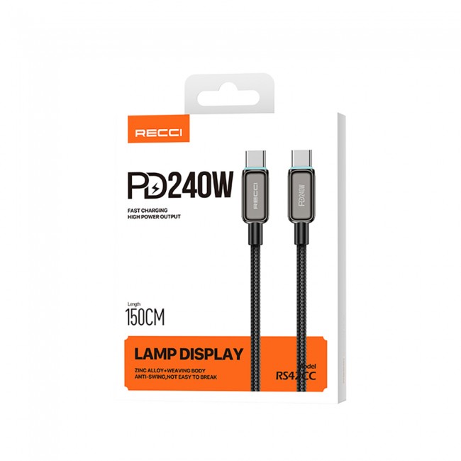 Recci RS42CC Lamp Display Serisi Type-C to Type-C PD 240W Hızlı Şarj Özellikli Data ve Şarj Kablosu 1.5M