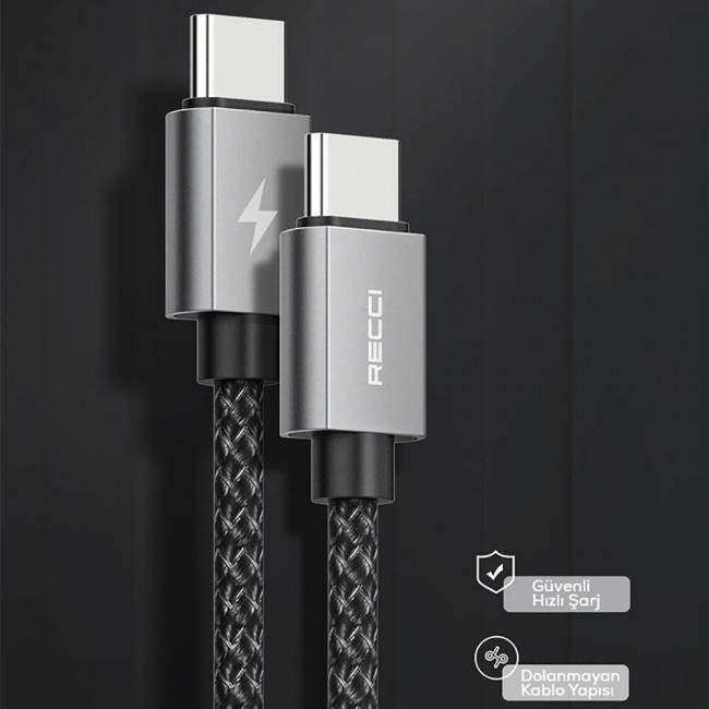 Recci RTC-P08CC Type-C to Type-C PD 100W 5A Hızlı Şarj Naylon Örgü Tasarım Şarj ve Data Kablosu 1.5M Recci RTC-P08CC Type-C to Type-C PD 100W 5A Hızlı Şarj Naylon Örgü Tasarım Şarj ve Data Kablosu 1.5M