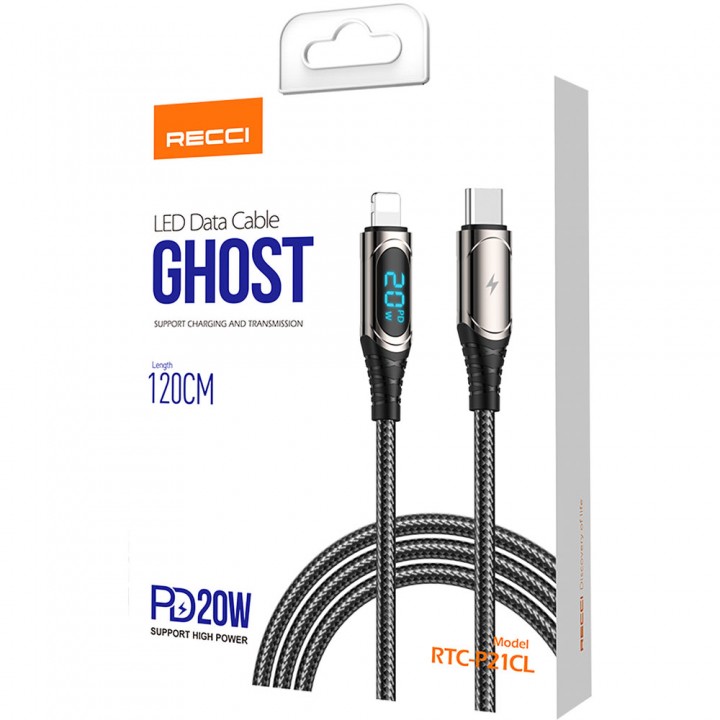 Recci RTC-P21CLPD Ghost Serisi 20W Hızlı Şarj Özellikli Type-C To Lightning PD Kablo 1.2M