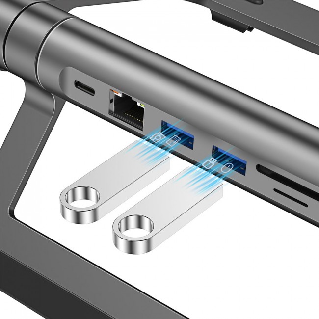 Wiwu A821CH 8in1 Hub Bağlantı İstasyonlu Notebook Laptop Standı PD3.0/USB3.0/RJ45 (1000Mbps)/SD/TF/HDMI (4K@30Hz) Wiwu A821CH 8in1 Hub Bağlantı İstasyonlu Notebook Laptop Standı PD3.0/USB3.0/RJ45 (1000Mbps)/SD/TF/HDMI (4K@30Hz)