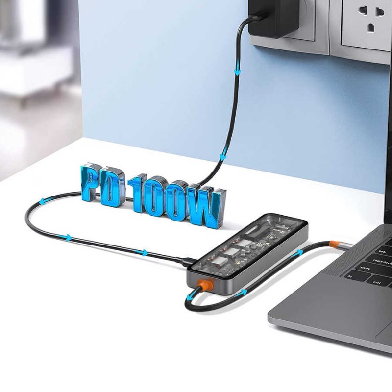 Bal-z Wiwu CB007 Cyber 7 in 1 Type-C Hub 100W Şarj Destekli Şeffaf Görünümlü SD Kart-Hdmi-Usb Çoğaltıcı