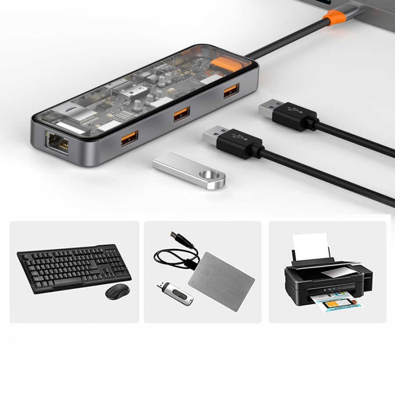 Bal-z Wiwu CB008 Cyber 8 in 1 Type-C Hub 100W Şarj Destekli Şeffaf Görünümlü SD Kart-RJ45-Hdmi-Usb Çoğaltıcı