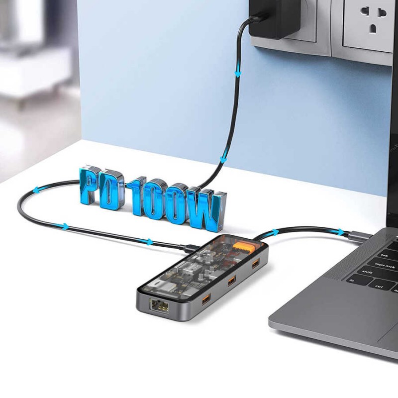 Bal-z Wiwu CB008 Cyber 8 in 1 Type-C Hub 100W Şarj Destekli Şeffaf Görünümlü SD Kart-RJ45-Hdmi-Usb Çoğaltıcı