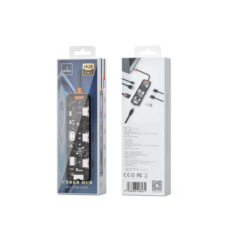 Bal-z Wiwu CB008 Cyber 8 in 1 Type-C Hub 100W Şarj Destekli Şeffaf Görünümlü SD Kart-RJ45-Hdmi-Usb Çoğaltıcı