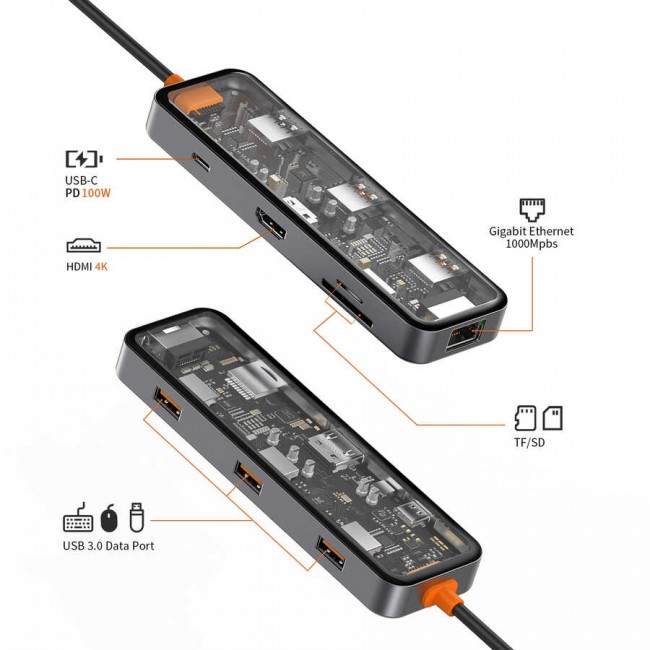 Wiwu CB008 Cyber 8 in 1 Type-C Hub 100W Şarj Destekli Şeffaf Görünümlü SD Kart-RJ45-Hdmi-Usb Çoğaltıcı Wiwu CB008 Cyber 8 in 1 Type-C Hub 100W Şarj Destekli Şeffaf Görünümlü SD Kart-RJ45-Hdmi-Usb Çoğaltıcı