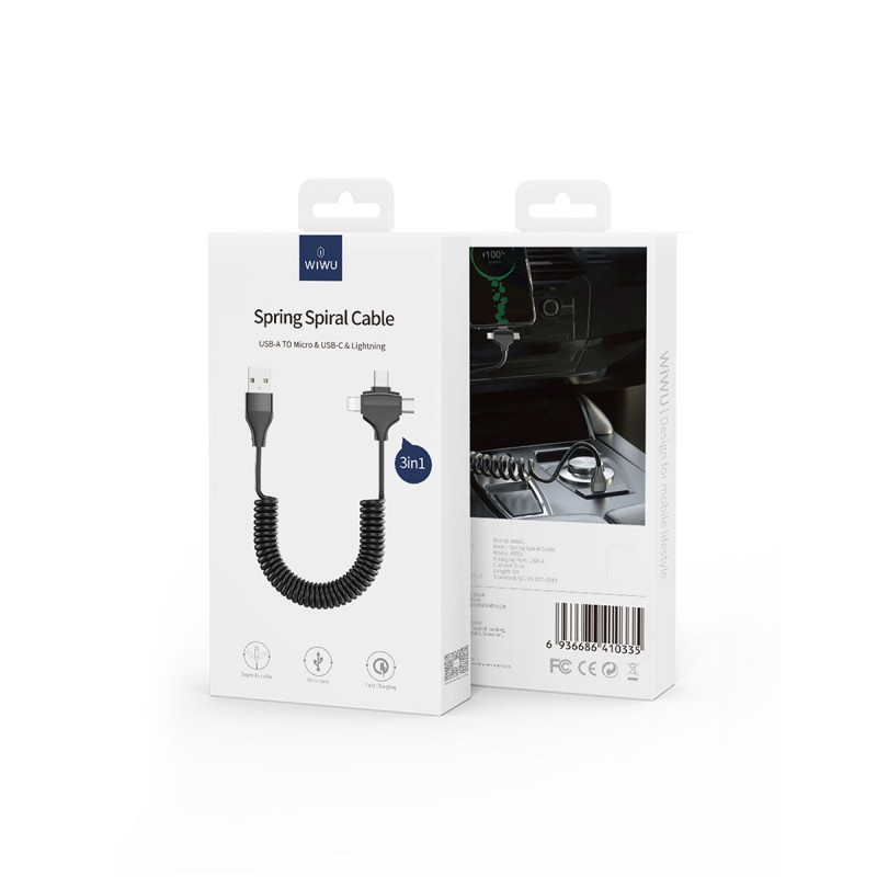 Bal-z Wiwu Spiral Tasarımlı Micro Type-C ve Lightning 3in1 Spring Spiral Kablo 1m