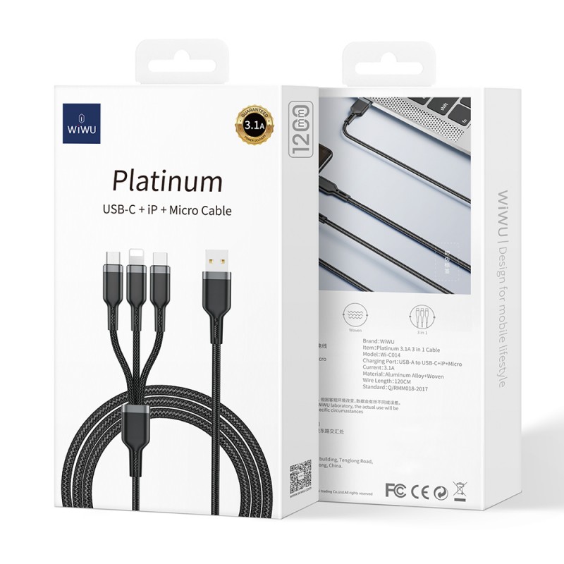 Bal-z Wiwu Wi-C014 Platinum Serisi 3in1 USB-A to Lightning – Type-C – Micro Şarj ve Data Kablosu 3.1A 1.2m