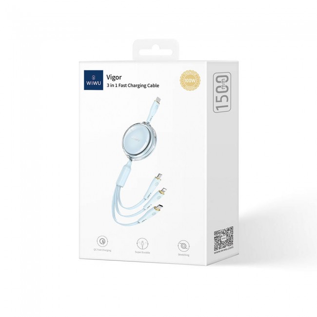 Wiwu Wi-C023 Vigor Serisi 3in1 Type-C Lightning Micro USB Makaralı Data ve Şarj Kablosu 100W 1.5M Wiwu Wi-C023 Vigor Serisi 3in1 Type-C Lightning Micro USB Makaralı Data ve Şarj Kablosu 100W 1.5M